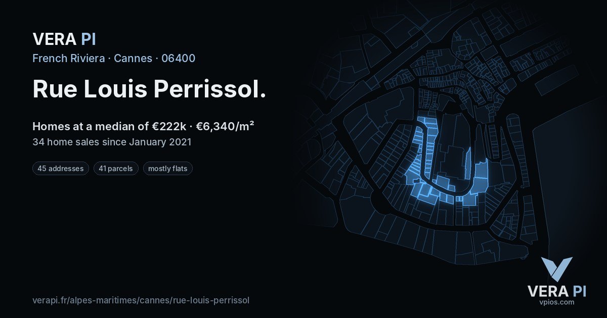 Rue Louis Perrissol, Cannes at night – every parcel coloured by the prices around it, the street's own parcels lit