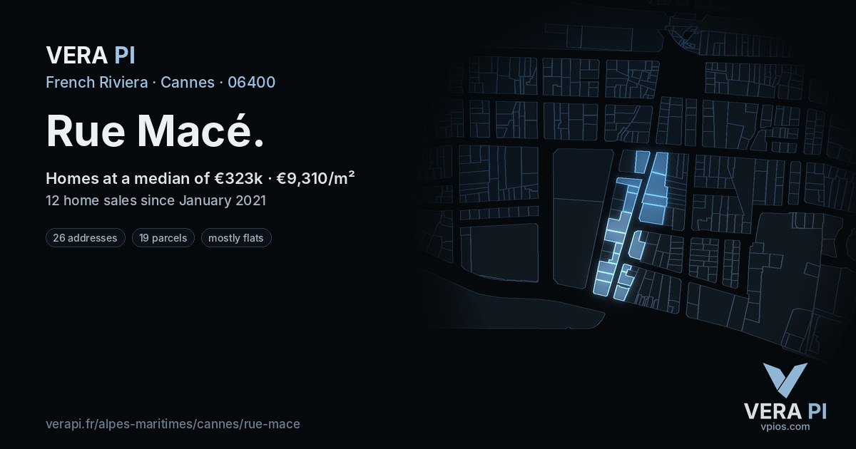 Rue Macé, Cannes at night – every parcel coloured by the prices around it, the street's own parcels lit