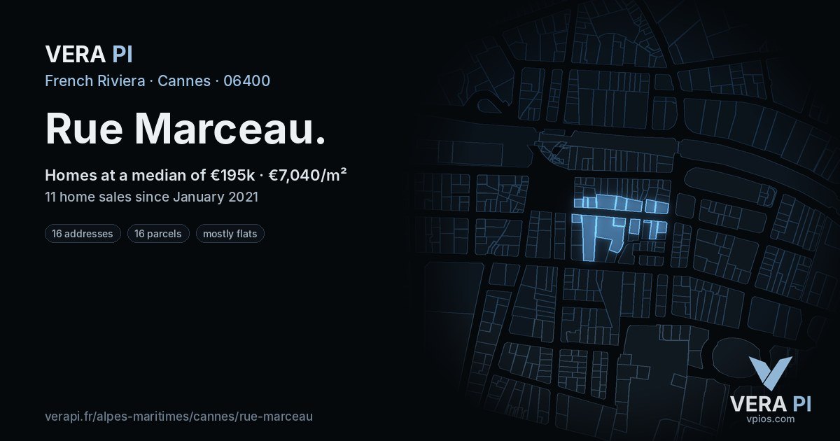 Rue Marceau, Cannes at night – every parcel coloured by the prices around it, the street's own parcels lit