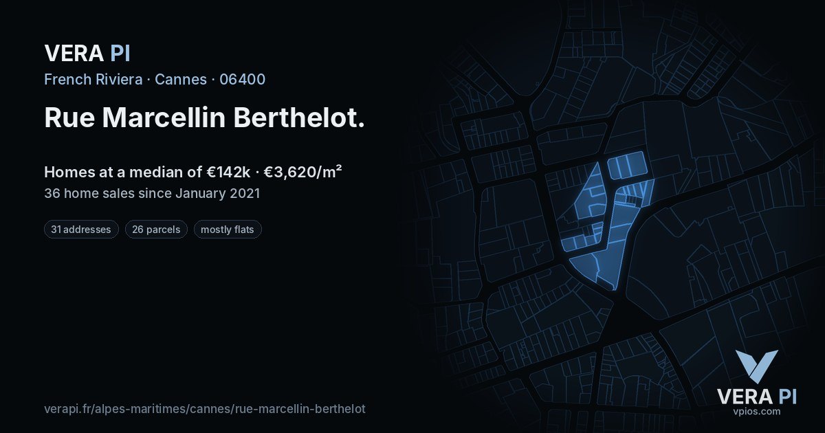 Rue Marcellin Berthelot, Cannes at night – every parcel coloured by the prices around it, the street's own parcels lit