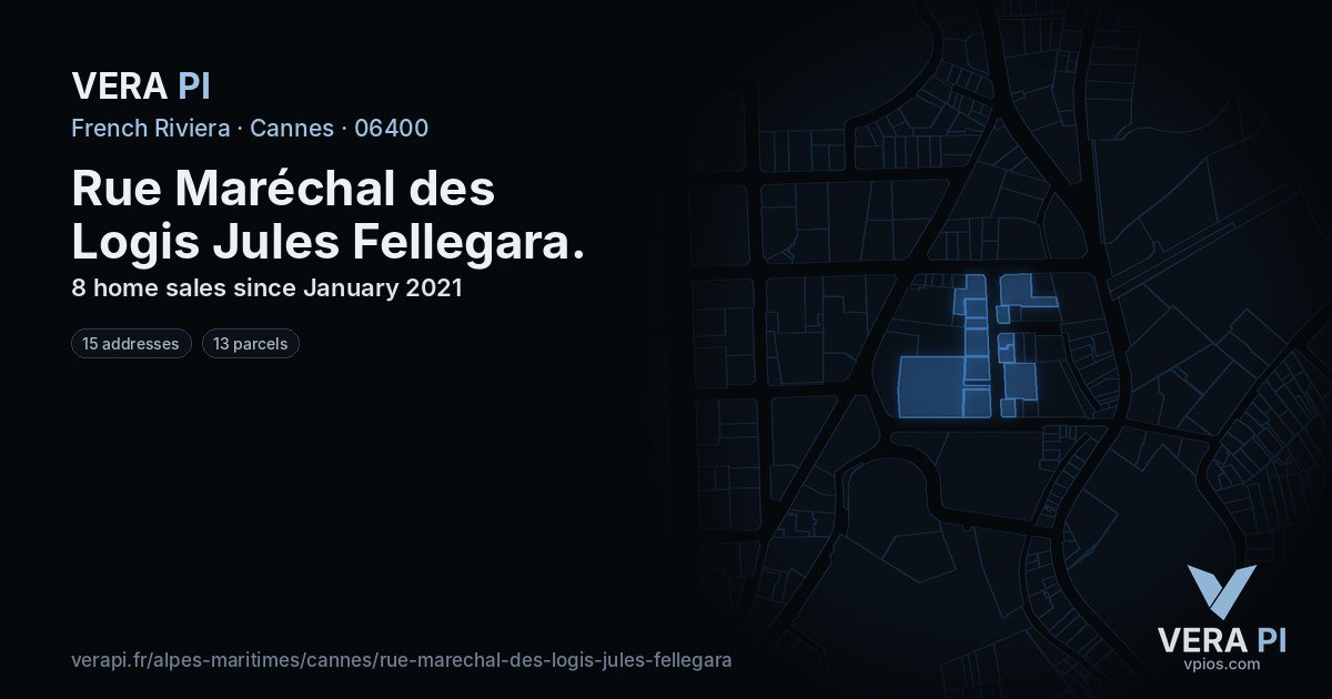 Rue Maréchal des Logis Jules Fellegara, Cannes at night – every parcel coloured by the prices around it, the street's own parcels lit