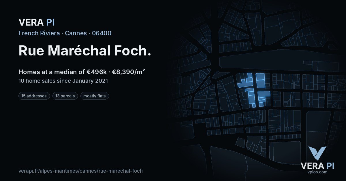Rue Maréchal Foch, Cannes at night – every parcel coloured by the prices around it, the street's own parcels lit