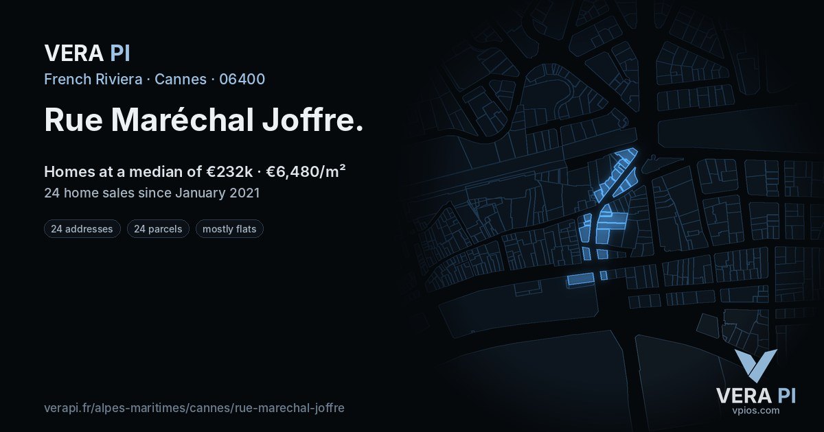Rue Maréchal Joffre, Cannes at night – every parcel coloured by the prices around it, the street's own parcels lit