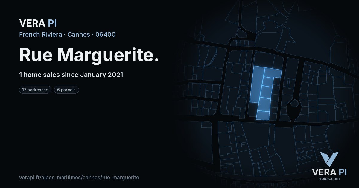 Rue Marguerite, Cannes at night – every parcel coloured by the prices around it, the street's own parcels lit