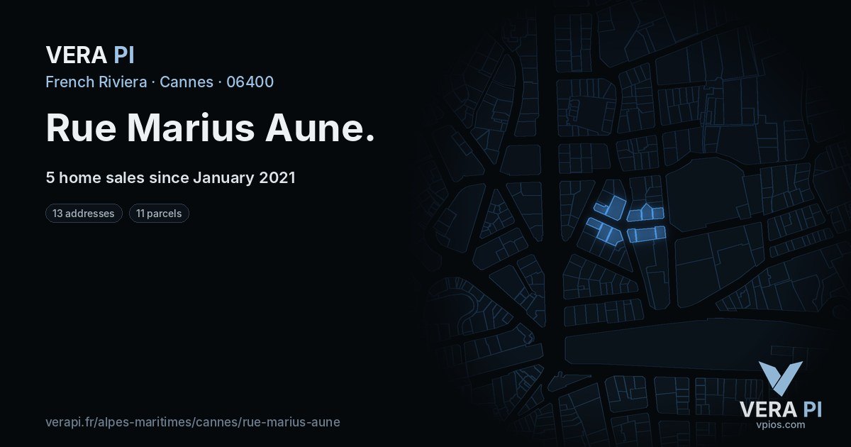 Rue Marius Aune, Cannes at night – every parcel coloured by the prices around it, the street's own parcels lit