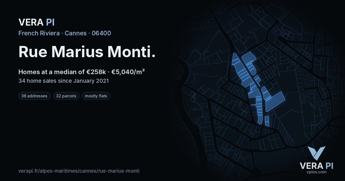 Rue Marius Monti, Cannes at night – every parcel coloured by the prices around it, the street's own parcels lit