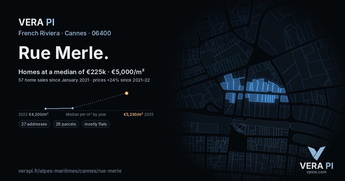 Rue Merle, Cannes at night – every parcel coloured by the prices around it, the street's own parcels lit