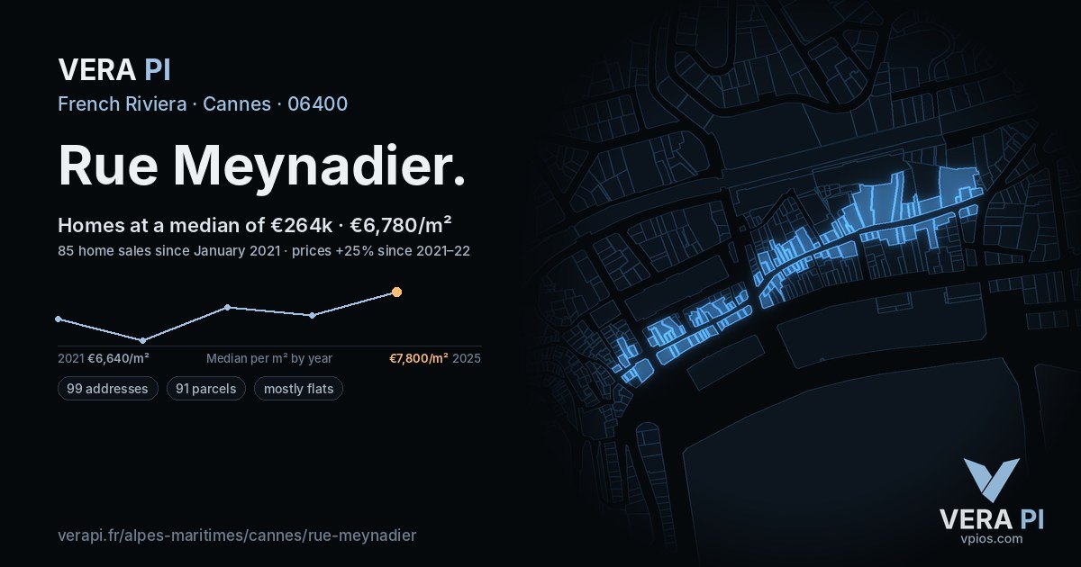 Rue Meynadier, Cannes at night – every parcel coloured by the prices around it, the street's own parcels lit