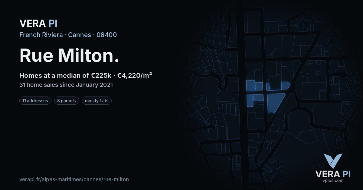 Rue Milton, Cannes at night – every parcel coloured by the prices around it, the street's own parcels lit