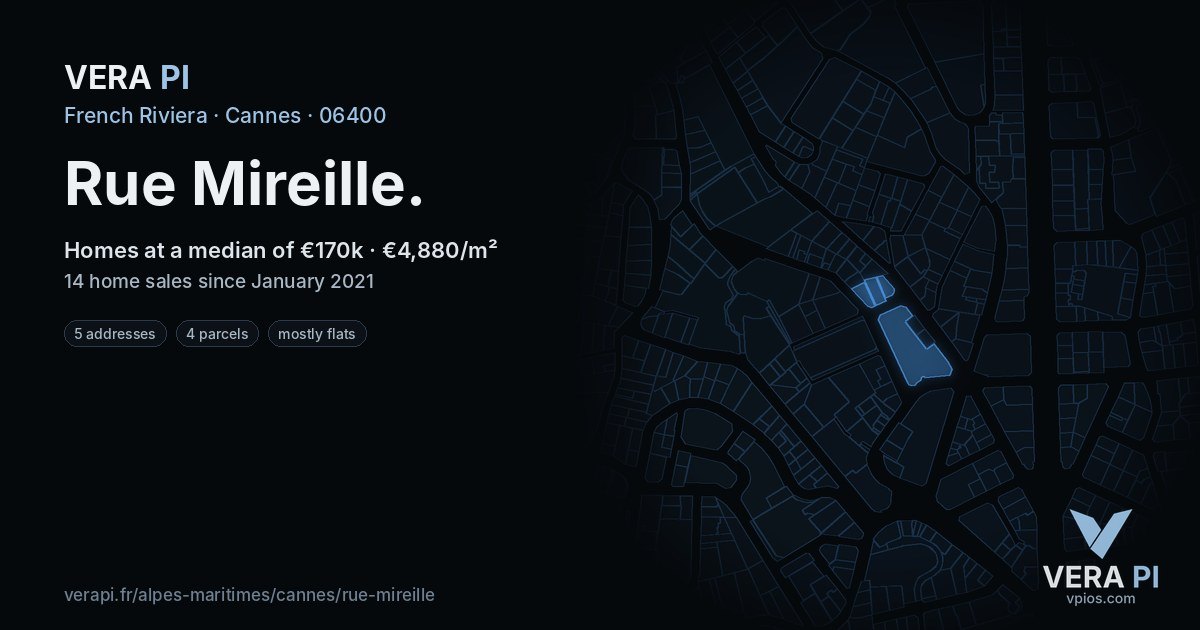 Rue Mireille, Cannes at night – every parcel coloured by the prices around it, the street's own parcels lit