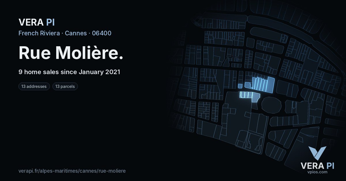 Rue Molière, Cannes at night – every parcel coloured by the prices around it, the street's own parcels lit