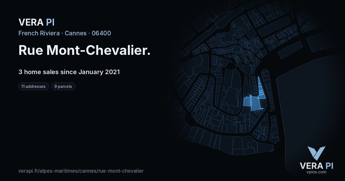 Rue Mont-Chevalier, Cannes at night – every parcel coloured by the prices around it, the street's own parcels lit