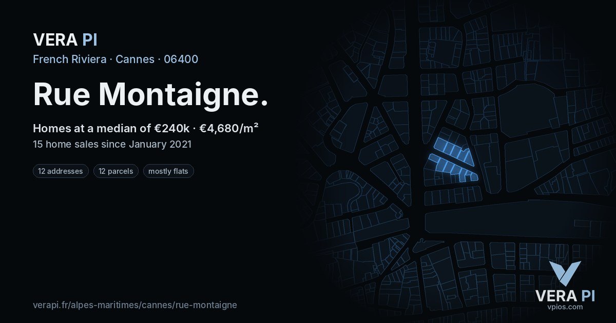 Rue Montaigne, Cannes at night – every parcel coloured by the prices around it, the street's own parcels lit