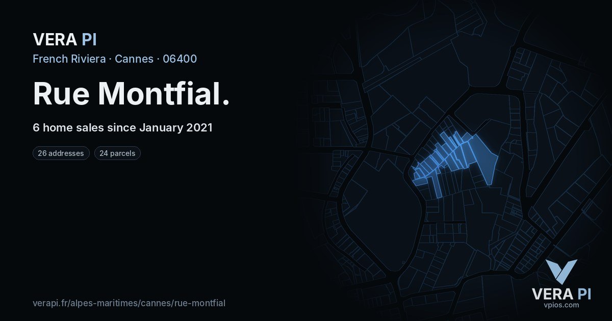 Rue Montfial, Cannes at night – every parcel coloured by the prices around it, the street's own parcels lit