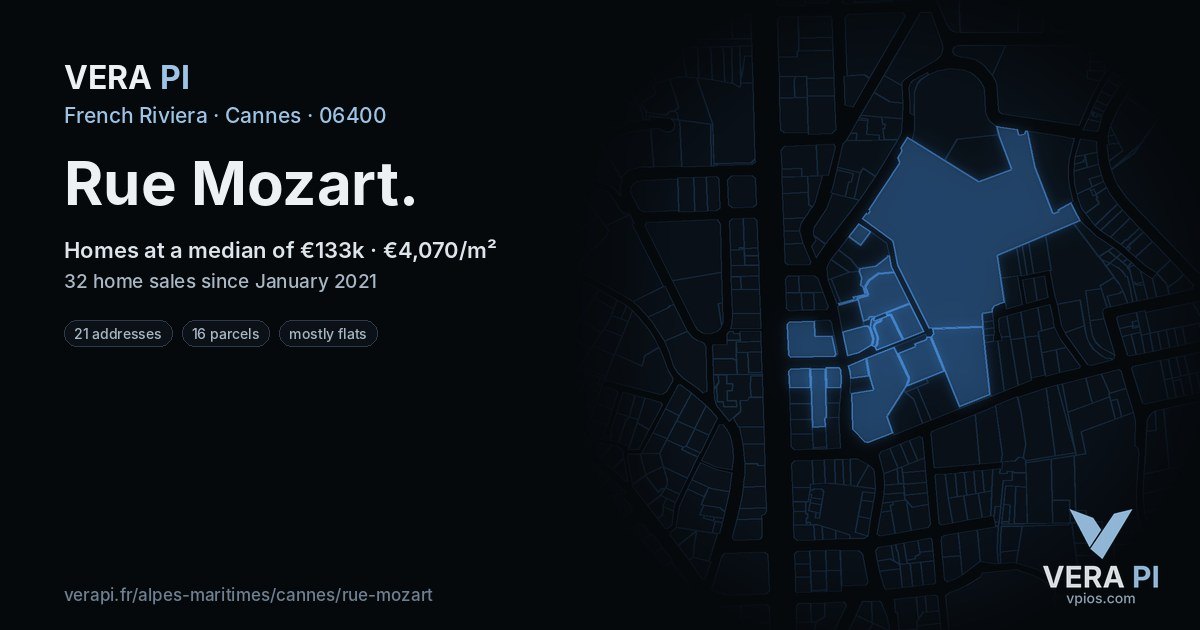 Rue Mozart, Cannes at night – every parcel coloured by the prices around it, the street's own parcels lit