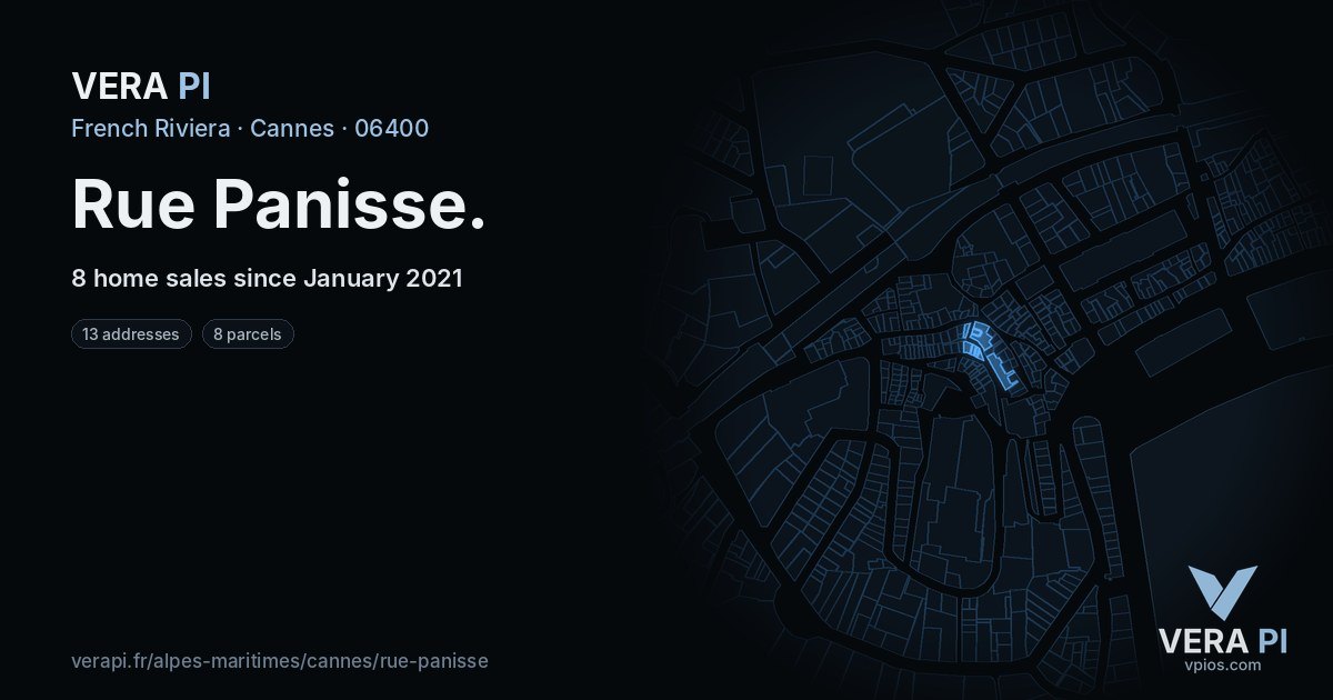 Rue Panisse, Cannes at night – every parcel coloured by the prices around it, the street's own parcels lit