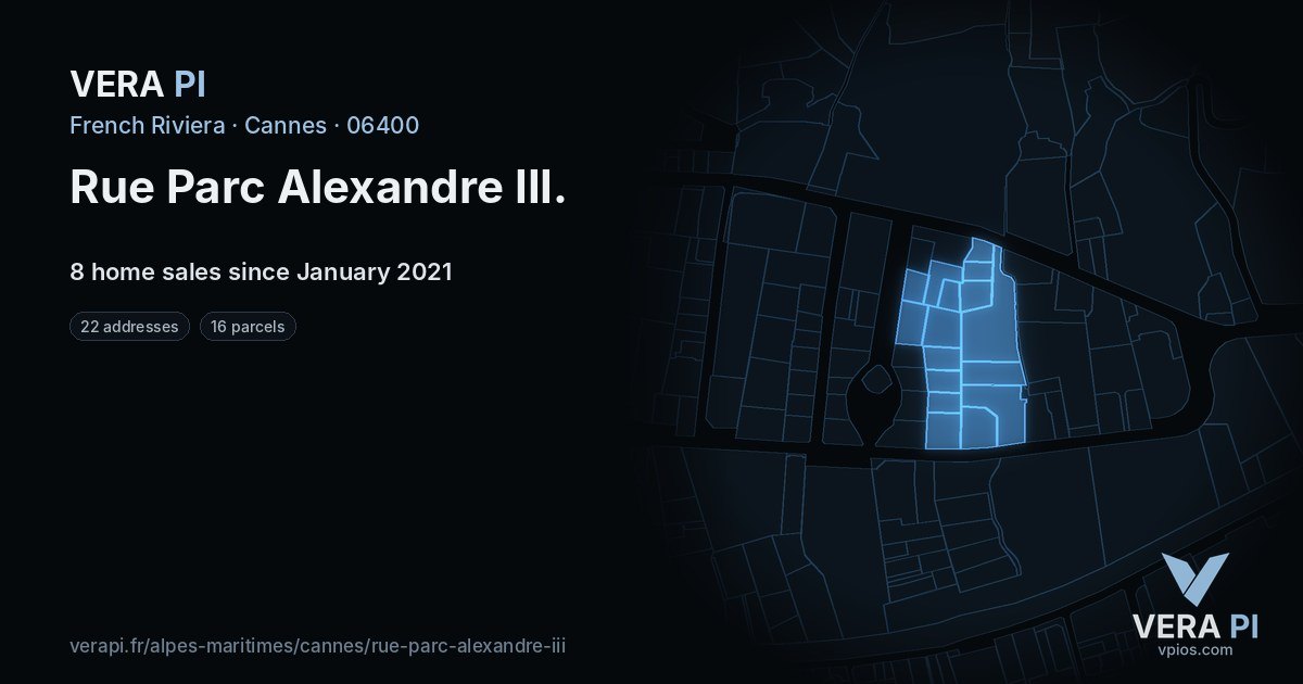 Rue Parc Alexandre III, Cannes at night – every parcel coloured by the prices around it, the street's own parcels lit