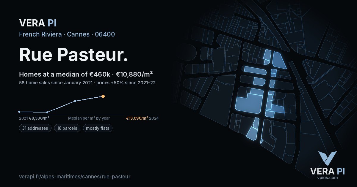 Rue Pasteur, Cannes at night – every parcel coloured by the prices around it, the street's own parcels lit