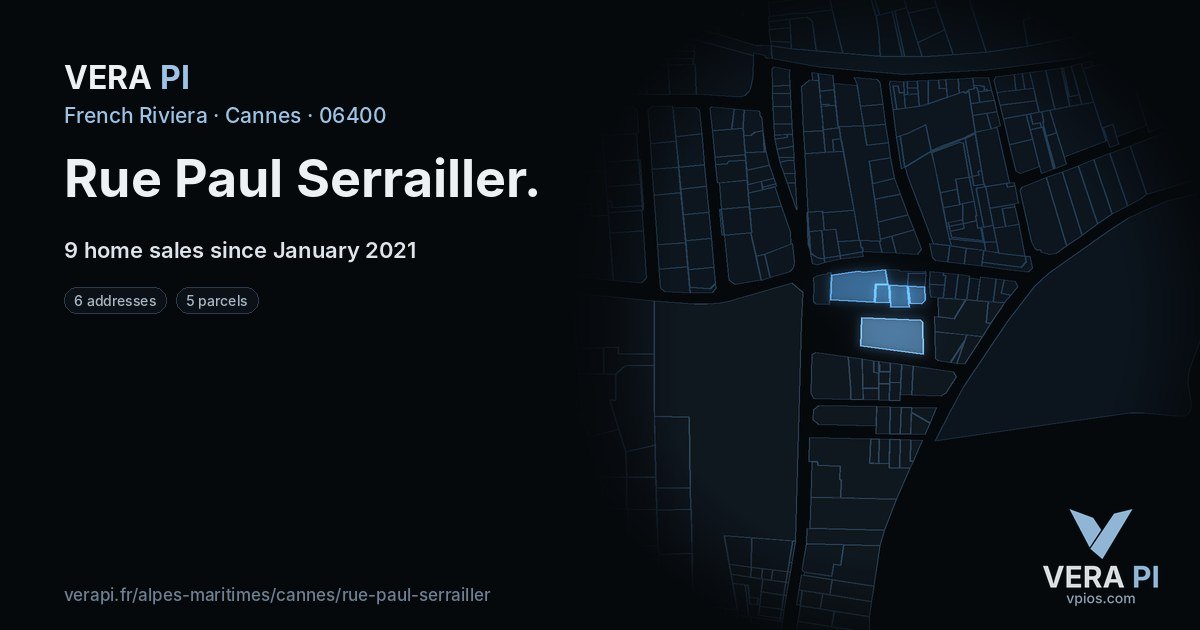 Rue Paul Serrailler, Cannes at night – every parcel coloured by the prices around it, the street's own parcels lit