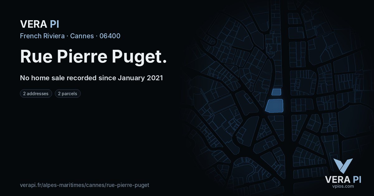 Rue Pierre Puget, Cannes at night – every parcel coloured by the prices around it, the street's own parcels lit