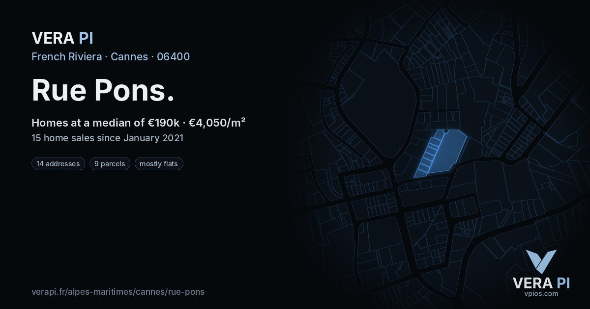 Rue Pons, Cannes at night – every parcel coloured by the prices around it, the street's own parcels lit