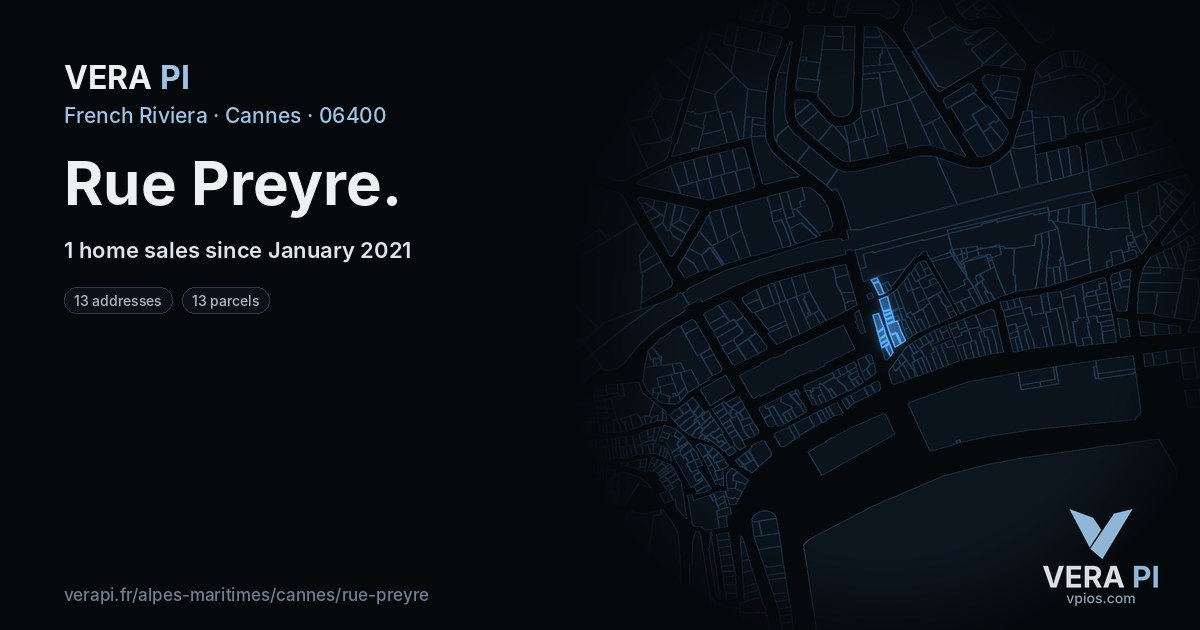 Rue Preyre, Cannes at night – every parcel coloured by the prices around it, the street's own parcels lit