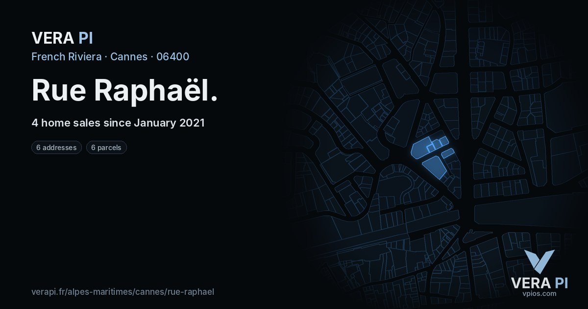 Rue Raphaël, Cannes at night – every parcel coloured by the prices around it, the street's own parcels lit
