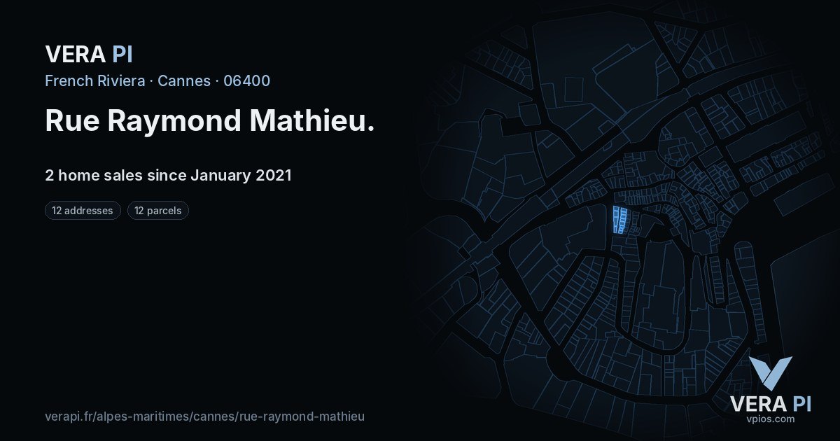 Rue Raymond Mathieu, Cannes at night – every parcel coloured by the prices around it, the street's own parcels lit