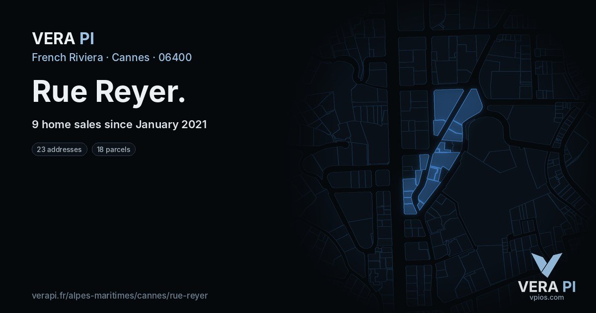 Rue Reyer, Cannes at night – every parcel coloured by the prices around it, the street's own parcels lit