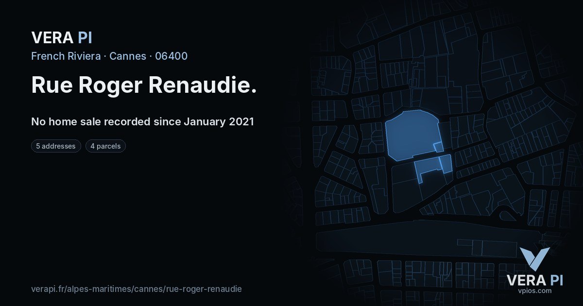 Rue Roger Renaudie, Cannes at night – every parcel coloured by the prices around it, the street's own parcels lit