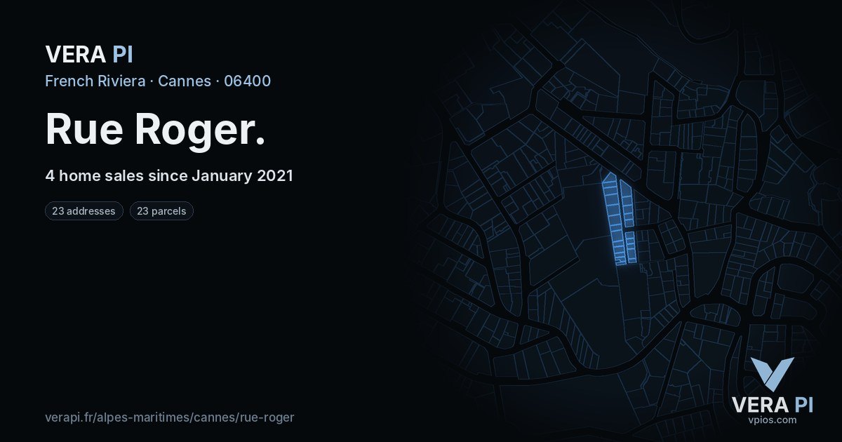 Rue Roger, Cannes at night – every parcel coloured by the prices around it, the street's own parcels lit