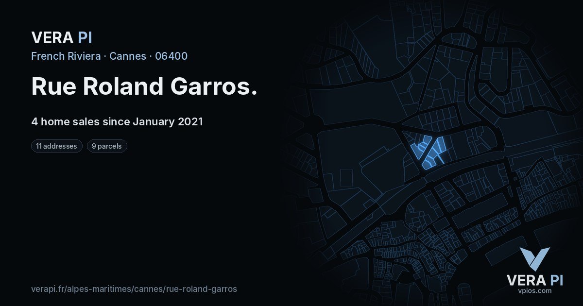 Rue Roland Garros, Cannes at night – every parcel coloured by the prices around it, the street's own parcels lit