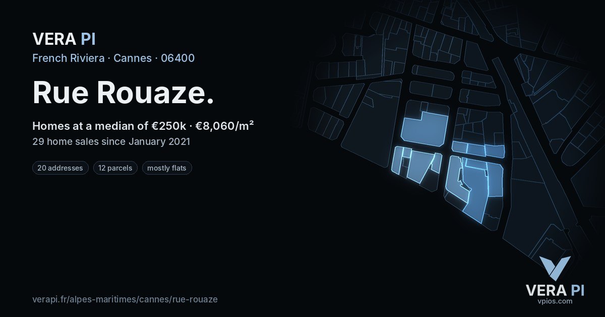 Rue Rouaze, Cannes at night – every parcel coloured by the prices around it, the street's own parcels lit