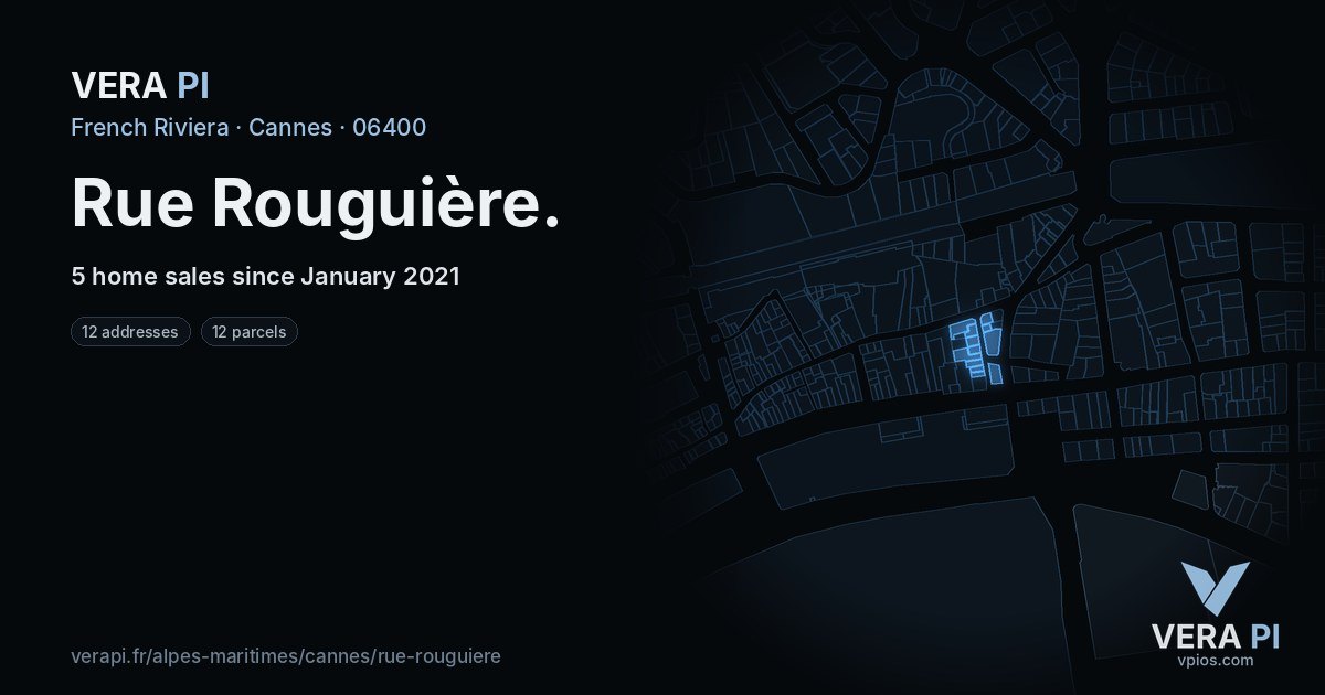Rue Rouguière, Cannes at night – every parcel coloured by the prices around it, the street's own parcels lit