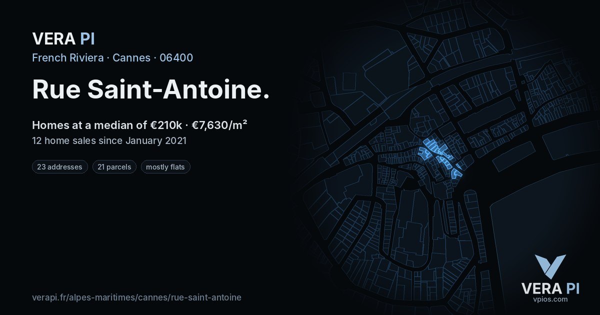 Rue Saint-Antoine, Cannes at night – every parcel coloured by the prices around it, the street's own parcels lit
