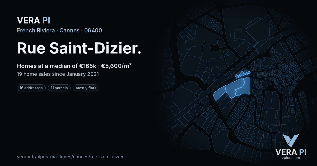 Rue Saint-Dizier, Cannes at night – every parcel coloured by the prices around it, the street's own parcels lit