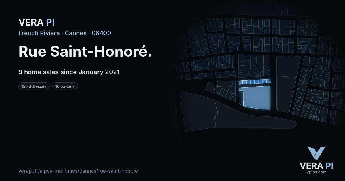 Rue Saint-Honoré, Cannes at night – every parcel coloured by the prices around it, the street's own parcels lit
