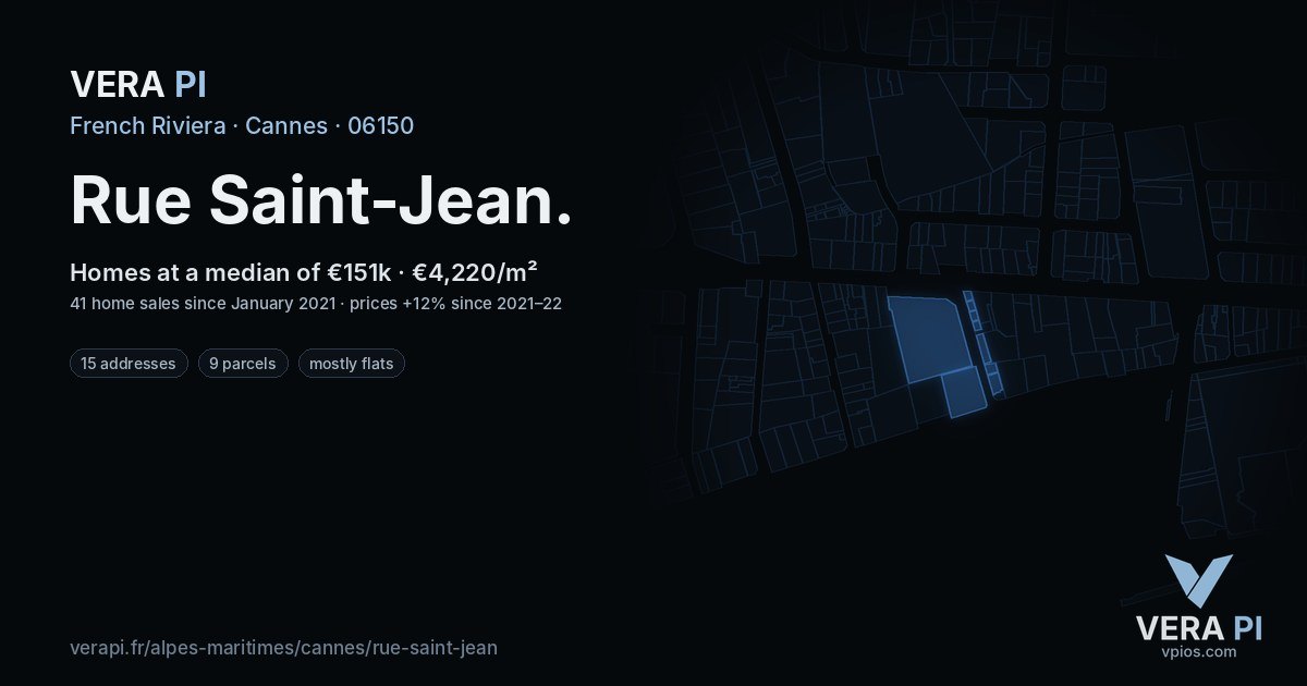 Rue Saint-Jean, Cannes at night – every parcel coloured by the prices around it, the street's own parcels lit