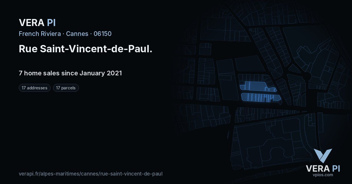 Rue Saint-Vincent-de-Paul, Cannes at night – every parcel coloured by the prices around it, the street's own parcels lit