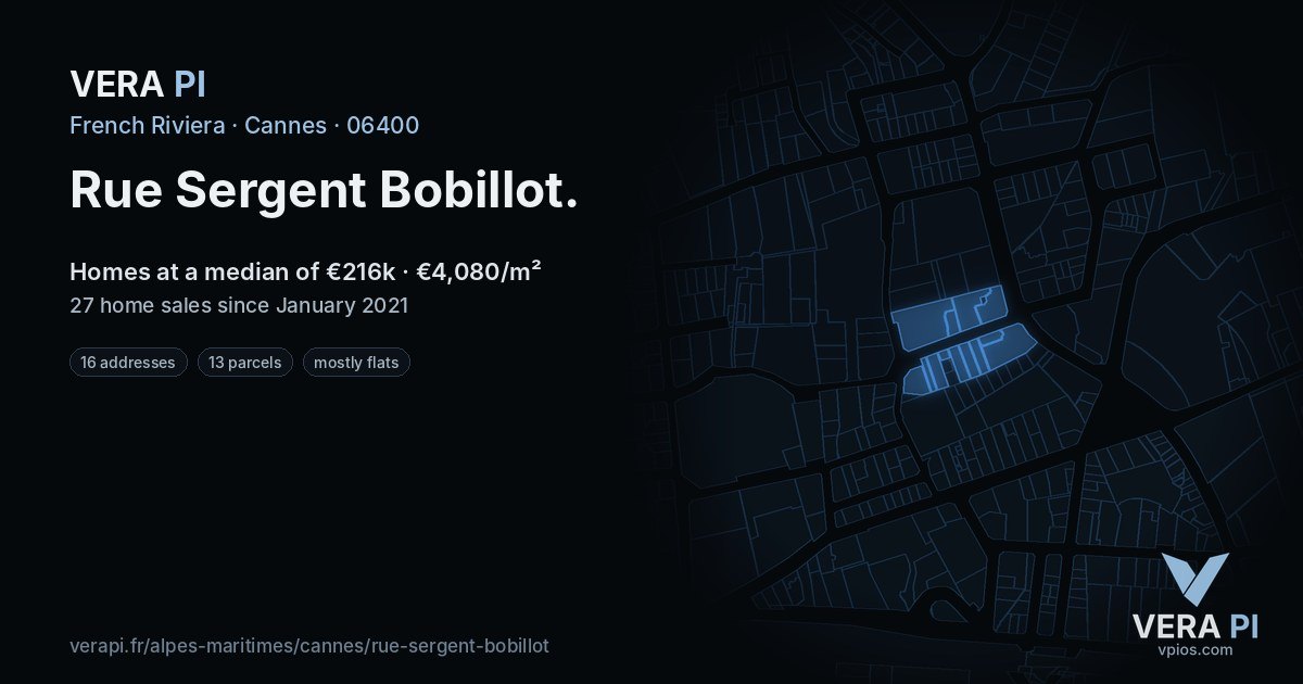 Rue Sergent Bobillot, Cannes at night – every parcel coloured by the prices around it, the street's own parcels lit