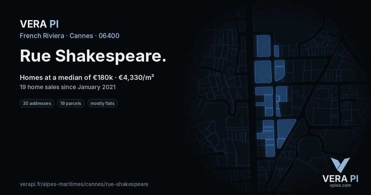 Rue Shakespeare, Cannes at night – every parcel coloured by the prices around it, the street's own parcels lit