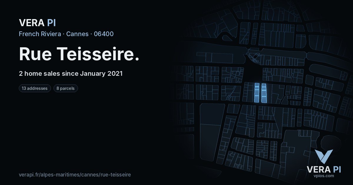 Rue Teisseire, Cannes at night – every parcel coloured by the prices around it, the street's own parcels lit