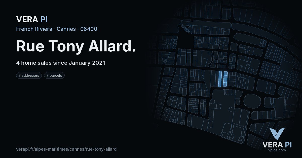 Rue Tony Allard, Cannes at night – every parcel coloured by the prices around it, the street's own parcels lit