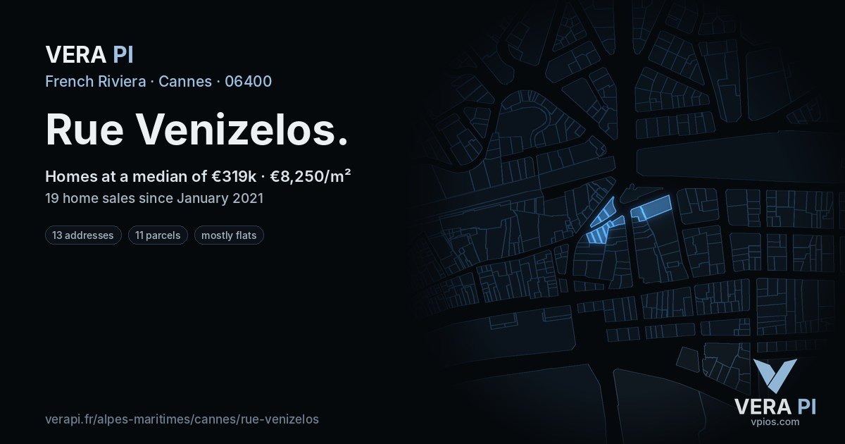 Rue Venizelos, Cannes at night – every parcel coloured by the prices around it, the street's own parcels lit
