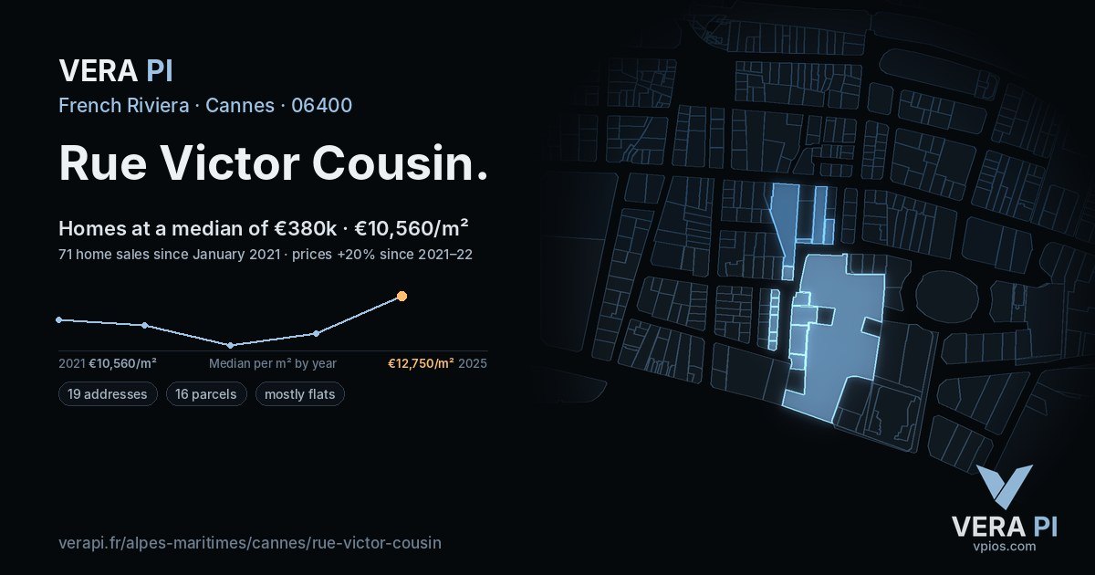 Rue Victor Cousin, Cannes at night – every parcel coloured by the prices around it, the street's own parcels lit