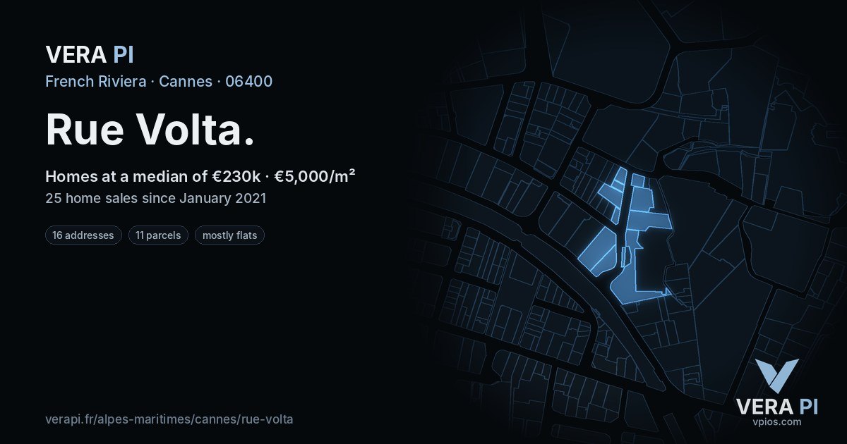 Rue Volta, Cannes at night – every parcel coloured by the prices around it, the street's own parcels lit
