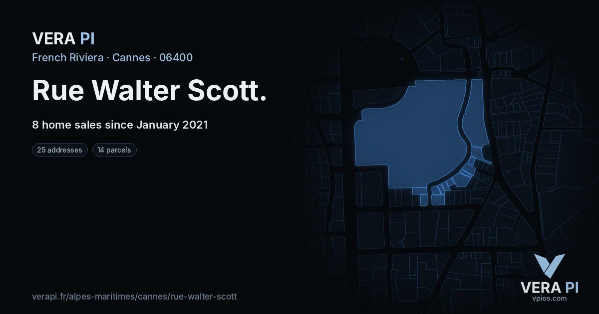 Rue Walter Scott, Cannes at night – every parcel coloured by the prices around it, the street's own parcels lit
