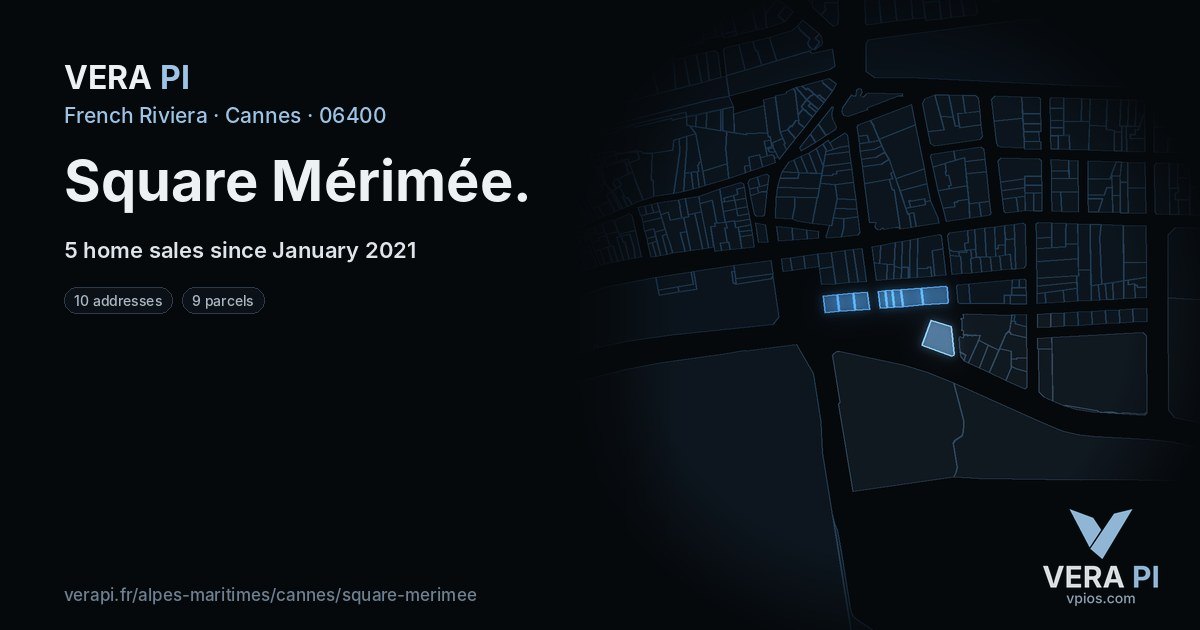 Square Mérimée, Cannes at night – every parcel coloured by the prices around it, the street's own parcels lit