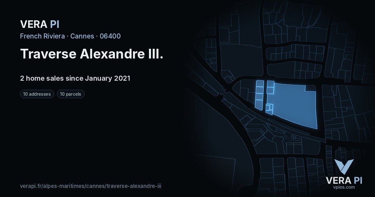 Traverse Alexandre III, Cannes at night – every parcel coloured by the prices around it, the street's own parcels lit
