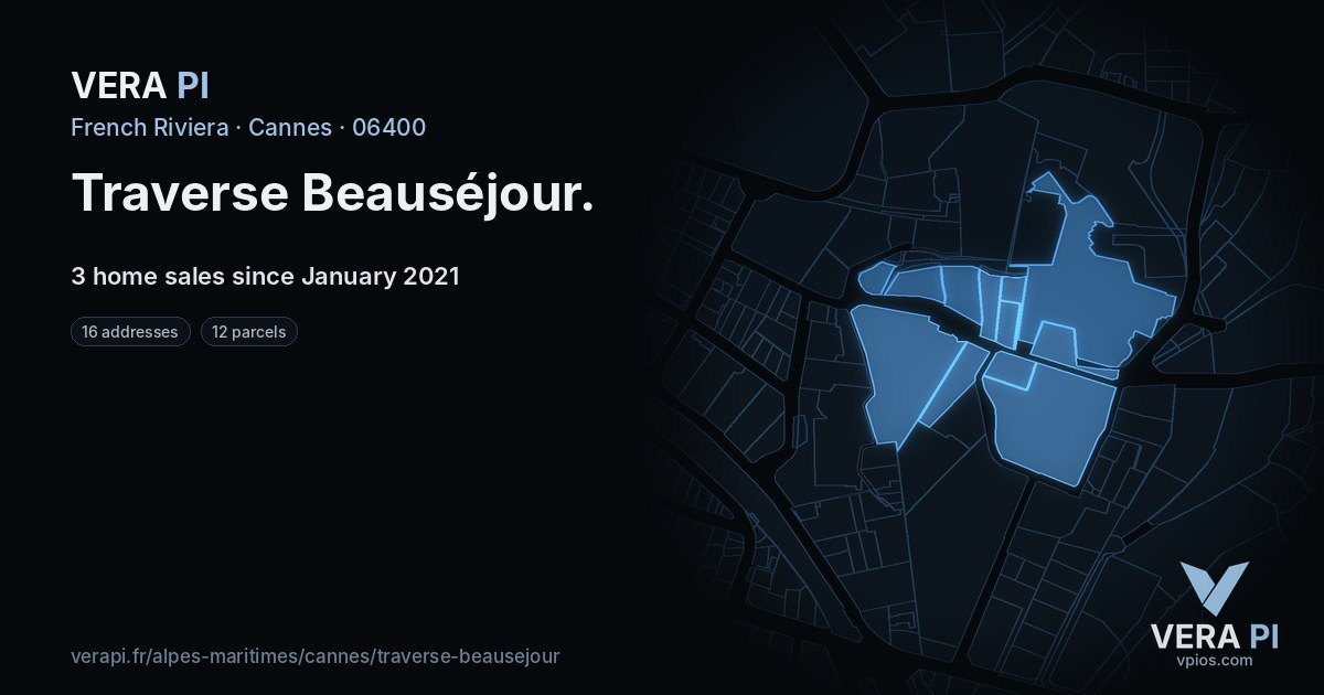 Traverse Beauséjour, Cannes at night – every parcel coloured by the prices around it, the street's own parcels lit